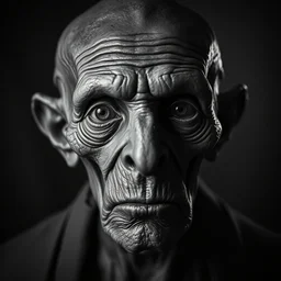 a black and white photographic portrait of old alien dramatic lighting, character, hdr dslr