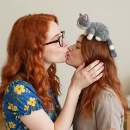 a very beautiful redheaded woman with glasses and a blue dress with yellow flowers kissing a needle felted cat on the head