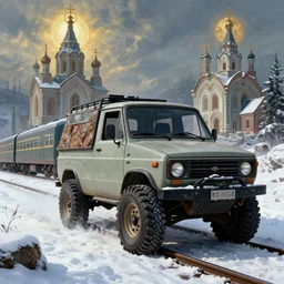 offroad uaz buchanka with offroad tires driving beside the syberian railroad, painted in orthodox christian style, epic fantasy, winter, the elder scrolls v : skyrim, dramatic lighting, establishing shot, by simon stalenhag
