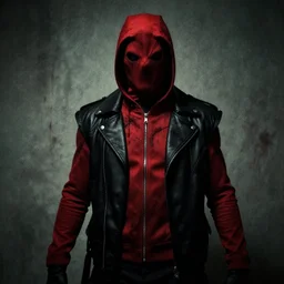 red hood cosplay, creepy, disturbing, bloody, darkness, grainy