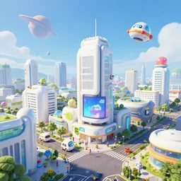 a new future urban city, white buildings + colorful decorative + led billboards + brand logo + pedestrian crossing, cute future vehicles, cute spacecraft flying in the air, many pokemon walking on the street, cute scene, landscape, huge universe, alien planet in the sky far away, game center + sports center buildings, 3 5 mm lens, dokev, ratchet & clank, overwatch, splatoon 3, big hero 6, zootopia,