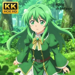 anime key visual of a girl with a green outfit green hair and green eyes fascinated by a green paradise ; official media ; 4 k hd ; high quality ; in the rising of the shield hero ( 2 0 1 9 ),