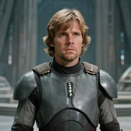 screenshot of the epic scene featuring Luke Skywalker in grey body armor, iconic scene from 1980s film by Stanley Kubrick, 4k, cinematic still frame, surreal sci fi architecture, portrait photoreal, detailed face, moody lighting, stunning cinematography, hyper detailed, sharp, anamorphic lenses, kodak color film stock