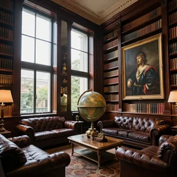 large room private library with floor to ceiling windows, dark wood, leather couches, large globe, caravaggio, artstation, beautiful, steampunk, unique, eccentric, elegant, soft lighting, highly detailed, study,