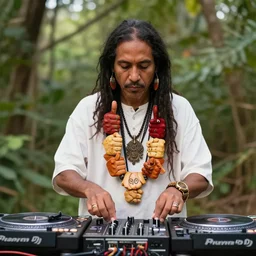 a shaman dj playing turntables in outdoor nature background with a garland around his neck made of 9 0 0 thumbs, high detailed