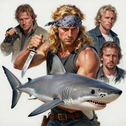 a mixed media portrait painting of the shark fighter, a man who fights sharks with a knife, ultra realistic, highly detailed, long wavy blonde hair, bandana, by frank frazetta, greg rutkowski, beeple, yoko taro, christian macnevin, wlop and krenz cushart, epic fantasy character art, volumetric lighting, high fantasy, cgsociety, exquisite detail, post - processing, masterpiece, cinematic