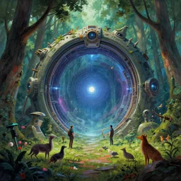 intergalactic stargate portal in the middle of a forest, with animals and birds all around it by jack davis and asher brown durand, style of steelpunk