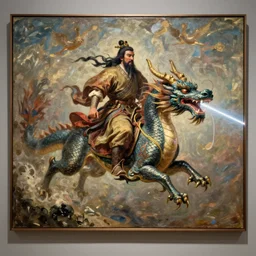 Kublai Khan riding a flying, laser breathing dragon, Delacroix oil painting, modern art exhibition