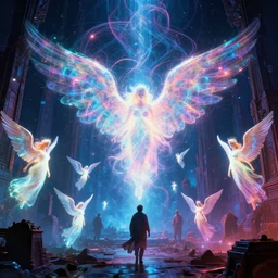 mysterious glowing angels over epic dark ancient city, infinite fractal tesseract, quantum waves, synthwave, bright neon colors, highly detailed, cinematic, tim white, vladimir kush, philippe druillet, roger dean, bob eggleton, michael whelan, boris vallejo, alfred kelsner, kubrick
