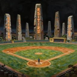 a baseball field with ancient monoliths with glowing runes. highly detailed science fiction painting by norman rockwell, frank frazetta, and syd mead. rich colors, high contrast, gloomy atmosphere, dark background. trending on artstation