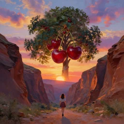 giant cherry tree as a head, girl walking in a canyon, surreal photography, sunrise, dramatic light, impressionist painting, colorful clouds, digital painting, artstation, simon stalenhag