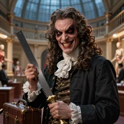 detail portrait 18 century doctor, male, elegant, in suitcase, holding saw in arm, digital fantasy art, evil eyes, insane, in anatomy theatre, under light, at late evening by greg rutkowski and thomas kinkade, Trending on artstation