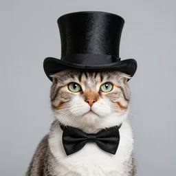 Cat wearing a top hat and a bowtie, photograph, realistic high quality 4k