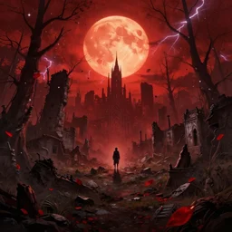 abandoned bloodborne old valley with a person at the centre and a ruined city at the end, trees and stars in the background, falling red petals, epic red - orange moonlight, perfect lightning, illustration by niko delort, 4 k, ultra realistic