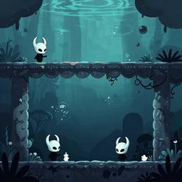concept art for a 2d side scroller adventure game set underwater inspired by hollow knight and night in the woods