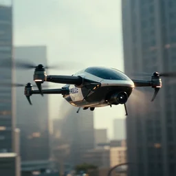 film still from blade runner, closeup of a hover drone police car spinner flying through the city, global illumination, volumetric lighting