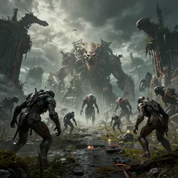 doom style world with monsters, sci fi, 8 k, photorealistic, hyper realistic