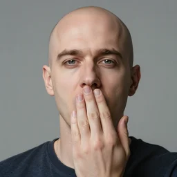 a man with a bald head is holding his hand up to his mouth
