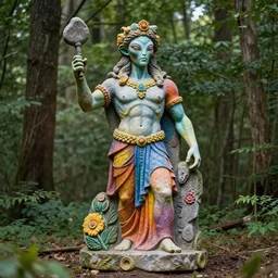 colorful fantasy sculpture of Greek alien god made of stone places in the woods