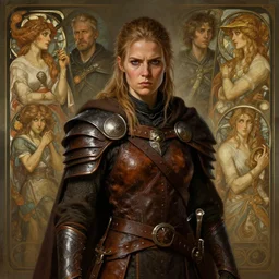 portrait of katheryn winnick  as a surly and determined female barbarian clothed in leather armor and a cloak, neutral expression, by Greg Rutkowski and John Collier and Krenz Cushart and Artem Demura and Alphonse Mucha and Albert Aublet, as seen on ArtStation, 4k, dungeons and dragons, very aesthetic, very detailed, intricate, unreal, fantasy, dramatic, painterly, artstation, sharp focus, smooth