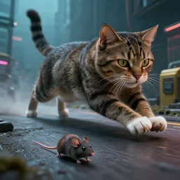 background 🐱 a big cat chases down × a live mouse 🐭! by mark ryden in cyberpunk environment, 4 k ultra high resolution, horror, long camera shot, foreground focus