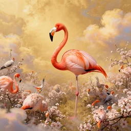 post - minimalism portrait of flamingo in bloom with birds roosting among its blossoms ; surreal ; hyperrealistic bird's eye view, iridescent clouds, vibrant golden color scheme, highly detailed, in the style of romanticism, cinematic, artstation, moebius, greg rutkowski
