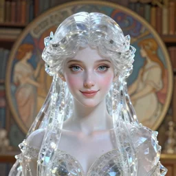 centralized close up portrait, friendly crystal reed princess mage, abstract library background, alphonse mucha, rhads, ross tran, artstation, artgerm, octane render, 1 6 k