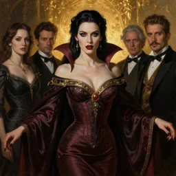 majestic gracious regal aristocratic female vampire portrait, atmospheric lighting, painted, curvy, menacing, intricate, volumetric lighting, beautiful, rich deep colours masterpiece, golden hour, sharp focus, ultra detailed, by leesha hannigan, ross tran, thierry doizon, kai carpenter, ignacio fernandez rios