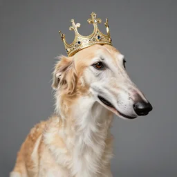 A royal borzoi, wearing a crown.