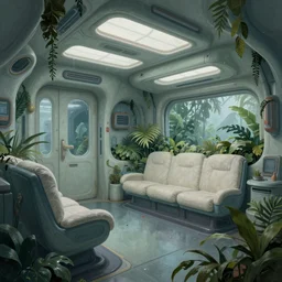classy rainforest foliage bleak austere cold inside the captain's lounge. fluorescent pleasing - palette intricate dense spaceship interior density. flowing stylized futurism contours with appeal, matte painting pastel from fantasia from fantasia ( 1 9 4 1 )