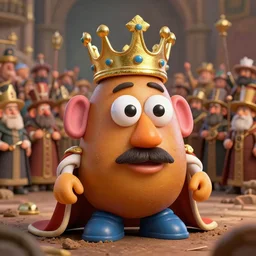 the potato king which is a potato appears before the large crowd of his subjects in all his glory wearing his crown, concept art, blender, glossy googly eyes, realistic dirt.