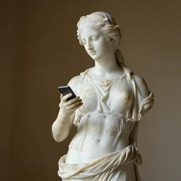 greek marble statue of a woman on her phone