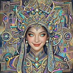 beautiful portrait of magician asian girl, cheeky smile, glowing eyes, intricate details, colourful, atmospheric light, ominous ancient city on the background, dark fantasy, ultra realistic details, detailed face, artstation, illustration, one character, symmetrical, by arthur adams