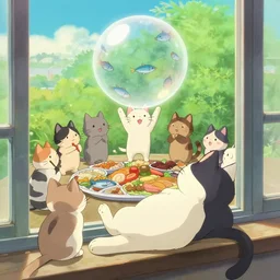 photo of a cat laying on a windowsill with a dream bubble floating over his head in the style of ghibli filled with anthropomorphic cats dancing around a feast of fish