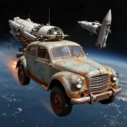 vintage, old, ussr, rusty, soviet, car iz 2 1 2 5!!! as a realistic scifi spaceship!!!, floating in space, thrusters instead of wheels!!, soviet rockets, wide angle shot art by donato giancola and greg rutkowski, vintage retro scifi, realistic space, digital art, trending on artstation, symmetry!!!