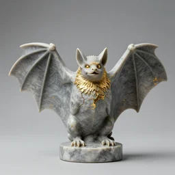 gray marble statue of a bat, gold fills in the cracks, beautiful studio lighting