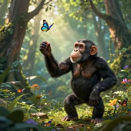 an innocent chimpanzee chasing butterflies in a magical forest, fantasy art, god rays, beautiful colors, by cyril rolando and asher durand and natalie shau