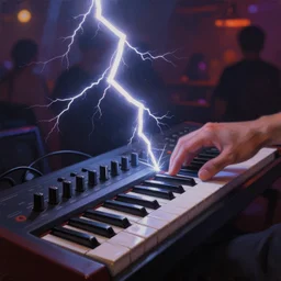 lightning striking a synthesizer in a dance club, hyperrealistic, highly detailed, bokeh, dramatic lighting, oil painting