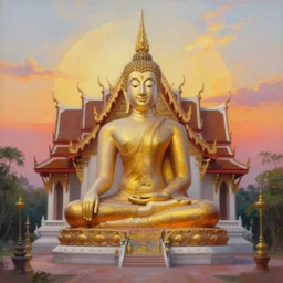 a beautifully detailed wide angle oil painting of a sitting thai buddha statue in front of a thai temple with a gorgeous sunrise, trending on artstation