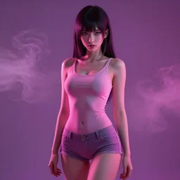 slim anime girl, 20yo,  high detail, studio, smoke, sharp, pink violet light,