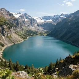 a epic view of a mountainous lake, concept art, trending on, very detailed, unreal engine, 4 k, photoreal, volumetric lighting, light rays, epic composition, warm colors