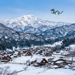 photo realistic landscape of a Japanese village in the mountains, snow peaks.  Dragon flying by