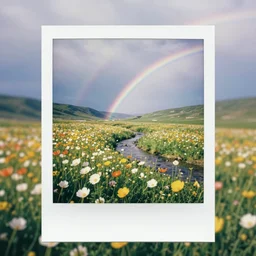 very beautiful polaroid photo of a flower meadow by a stream on a sunny day with double rainbow