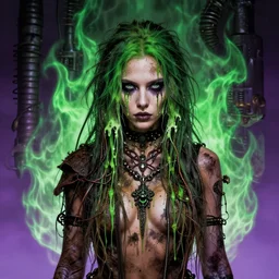highly detailed portrait of wasteland punk long dripping green poison hair tribal lady, stray wiring by atey ghailan, james gilleard, by joe fenton, by greg rutkowski, by greg tocchini, by kaethe butcher, 4 k resolution, gradient purple, brown and black and white color scheme!!! ( ( green flaming robotic sewer background ) )