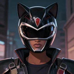 anime portrait illustration of a 👧🏿 gundam pilot in an intricate cat - shaped black power ranger voltron helmet, hiphop urban inspired, symmetrical proportions, symmetrical perfect facial features, cinematic lighting, hd, 3 2 k, octane, unreal engine, in the style of go teen titans and disney's pixar, by denys cowan and dwayne mcduffie