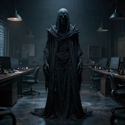 An photo of dark fantasy grimdark ghost figure in dark gloomy empty office, 8k, ultra detail, volumetric lighting, unreal engine, octane render, ultra realistic, max quality, epic 35 mm lens shot, photorealism
