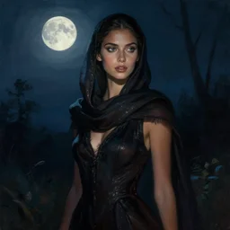 lush detailed portrait in mysterious femininity, ethnic, clear eyes, statuesque, gazelle - like, confident realistic face, radiant skin, dark gown and scarf, svelte fashion design, bathed in moonlight, chiaroscuro, impressionism, midnight, natural color scheme, silhouette, glint highlights, deep rich hues, illustration
