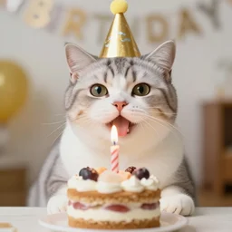 photo of a cute happy cat celebrating his birthday with a cake. highly - detailed, sharp focus, award - winning