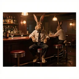 a biped rabbit wearing a tie sits on a barstool at the bar of a 4 0 s jazz club, warm color palette, night time, dramatic lighting, noir film, character sheet, fine details, high contrast, blacksad, kim jung gi, greg rutkowski, trending on artstation, 8 k, front view, back view, ultra wide angle