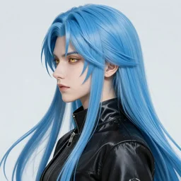 side profile of rimuru tempest with sky blue hair, long hair, sharp face, gold eyes, high collar, black jacket | shiny, highly detailed, rain, professional digital painting, concept art, award - winning photography, cinematic, wlop | art by pixiv art, yoshitaka amano, junki ito